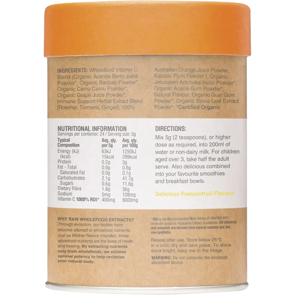 Raw Wholefood Extracts Vitamin C+ is an organic, plant-based supplement that provides a high-potency, non-synthetic dose of Vitamin C derived entirely from wholefood sources. Perfect for supporting immune function, collagen production, and healthy skin, hair, and nails, this supplement is packed with powerful natural ingredients like acerola berry, baobab, camu camu, and more.
Available in a delicious passionfruit flavour, this supplement is ideal for those seeking a clean, natural Vitamin C boost.