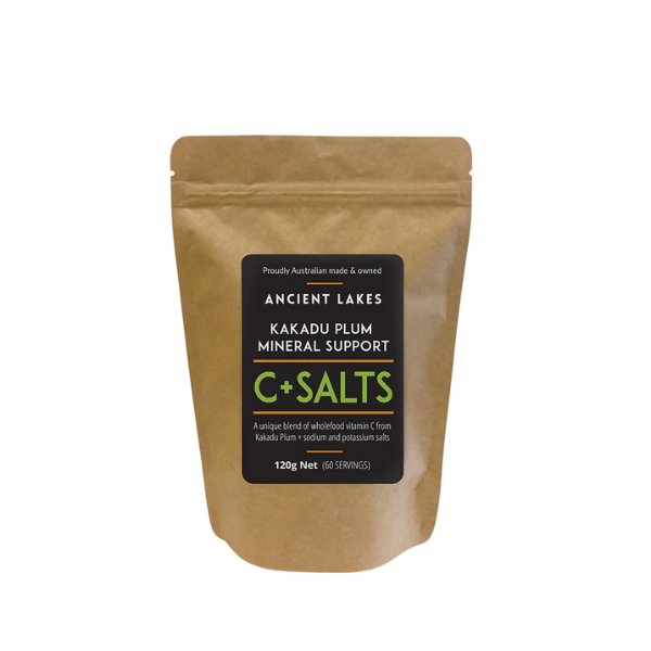 Ancient Lakes C+Salts Kakadu Plum Mineral Support 120g pouch – wholefood vitamin C, electrolytes, natural Australian lake salt & potassium chloride supplement.