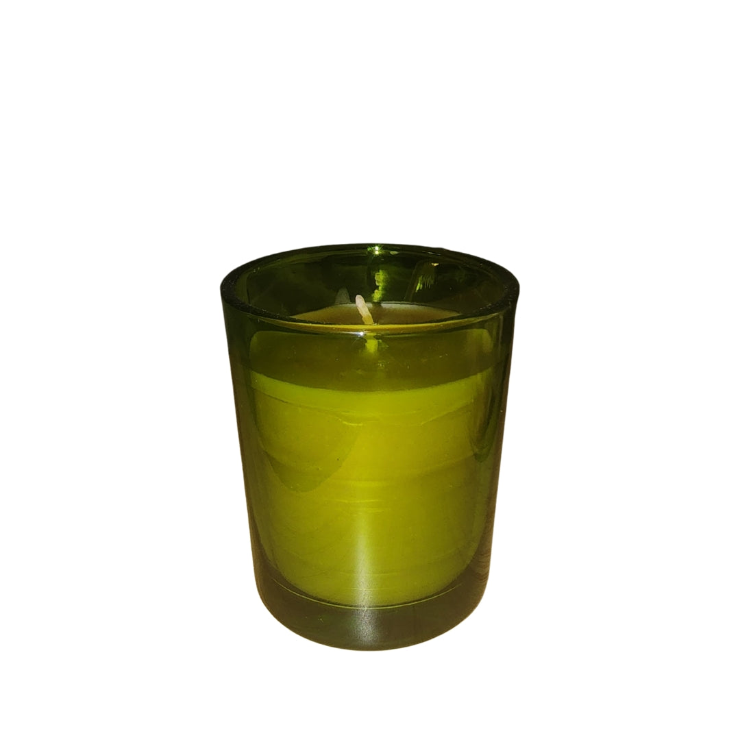 byClementina 100% Pure Beeswax Candle – unscented, hand-poured in Australia for Renew Health Co., reusable green glass vessel with 20 + hour burn time.