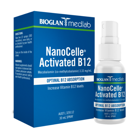 Bioglan Medlab Nanocelle Activated B12 Spray supports daily energy, mood, and nerve health. Featuring fast-acting Nanocelle™ tech and a great peppermint taste, it’s the ideal B12 for those needing reliable absorption – no tablets required.