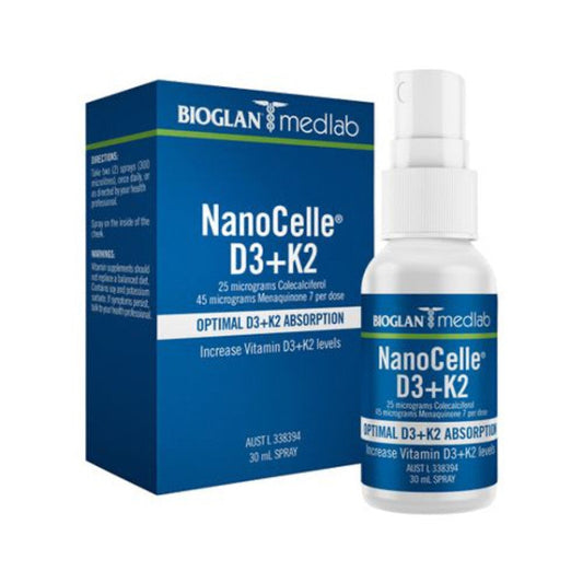 Discover enhanced nutrient absorption with Medlab’s NanoCelle® technology - sublingual spray delivering Vitamin D3 and K2 in nano-sized form for superior bioavailability, immune support, and bone and cardiovascular health - all in a convenient peppermint-flavoured spray.