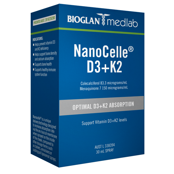Discover enhanced nutrient absorption with Medlab’s NanoCelle® technology - sublingual spray delivering Vitamin D3 and K2 in nano-sized form for superior bioavailability, immune support, and bone and cardiovascular health - all in a convenient peppermint-flavoured spray.