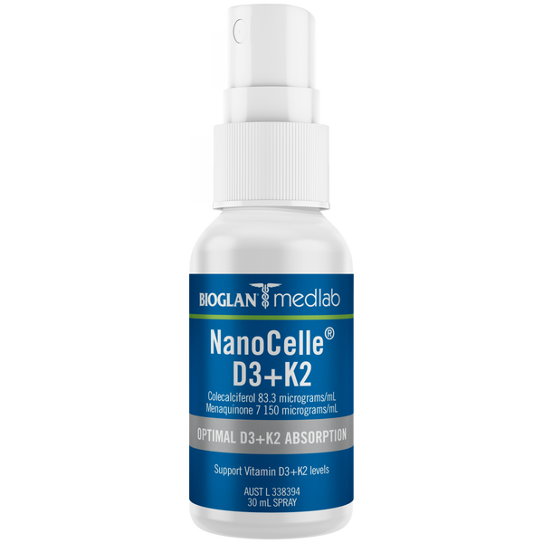 Discover enhanced nutrient absorption with Medlab’s NanoCelle® technology - sublingual spray delivering Vitamin D3 and K2 in nano-sized form for superior bioavailability, immune support, and bone and cardiovascular health - all in a convenient peppermint-flavoured spray.