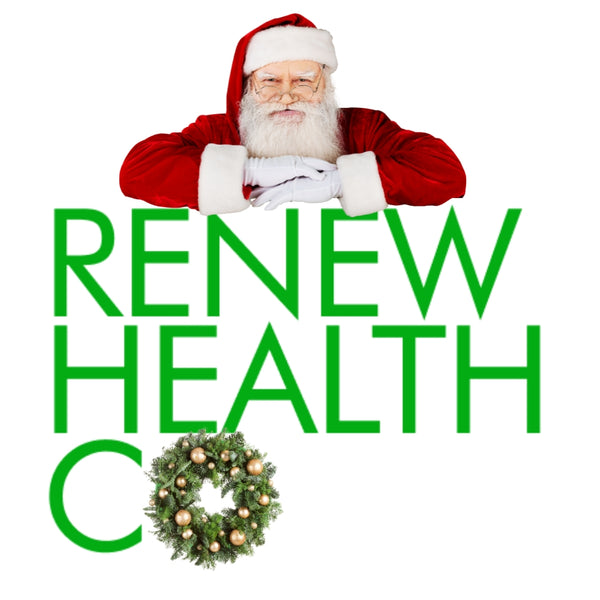 Christmas logo with Santa Claus over RENEW HEALTH CO text and a wreath as part of the logo.
