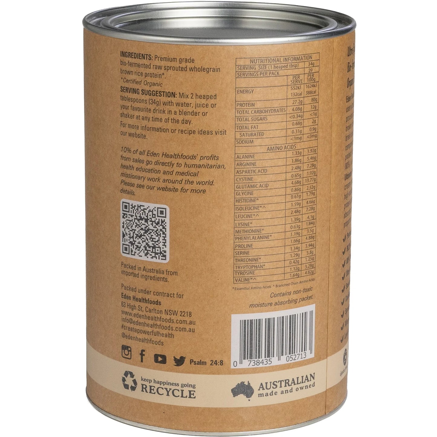 Back label of Eden Healthfoods Ultimate Protein Natural showing certified organic ingredients, nutritional information, and serving directions.