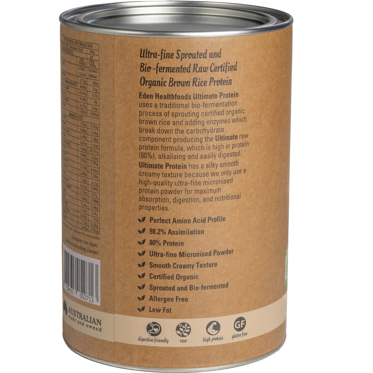 Side label of Eden Healthfoods Ultimate Protein Natural with detailed product information highlighting clean, bio-fermented plant protein benefits.