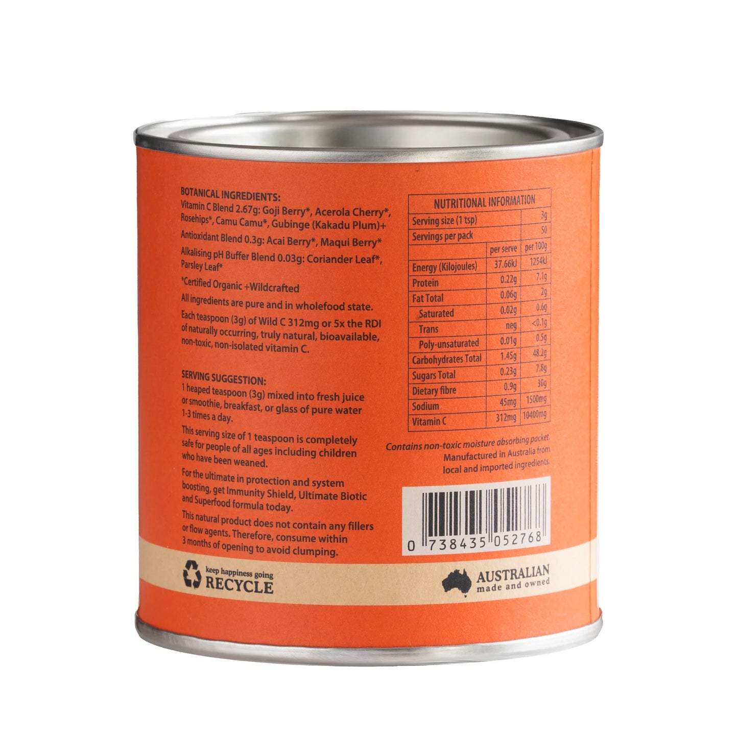 Back label of Eden Healthfoods Wild C 150g showing ingredients, nutritional information and serving suggestions â natural wholefood vitamin C powder with no synthetic additives.