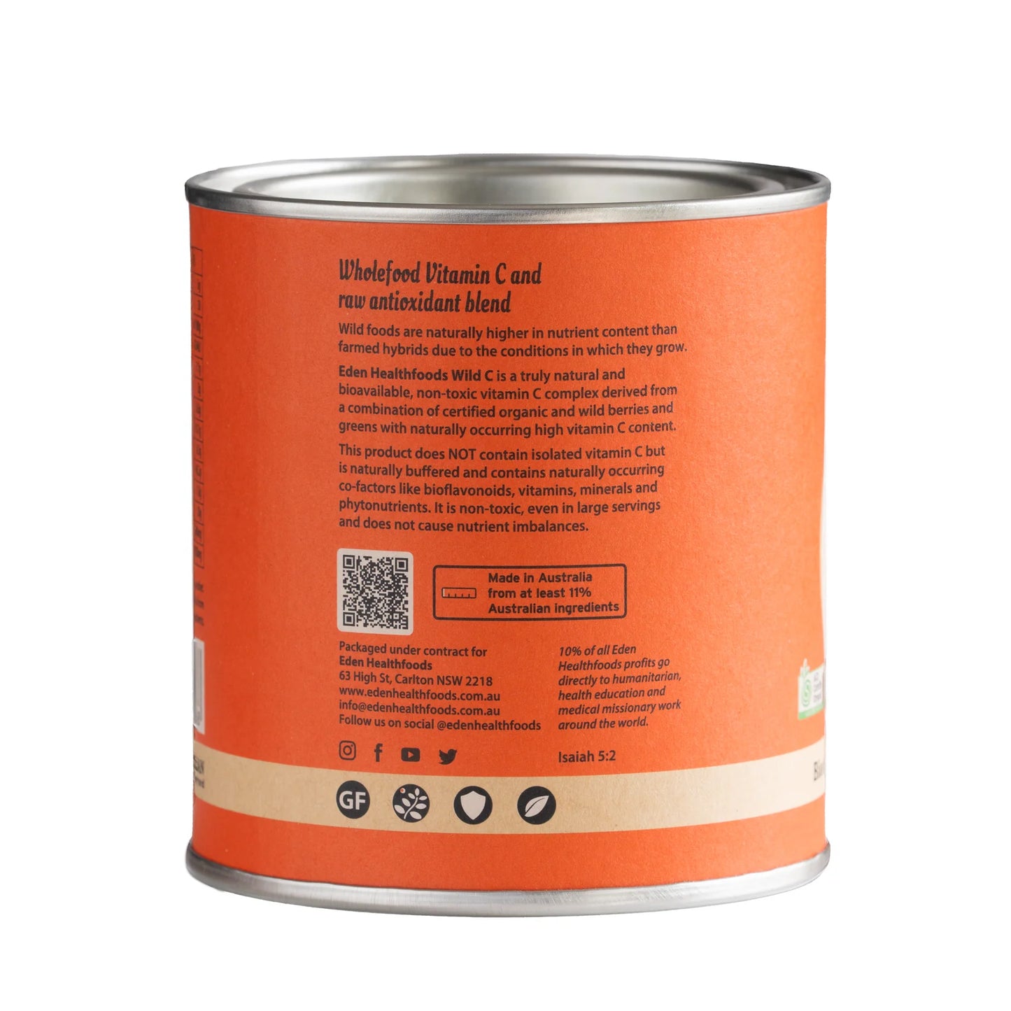 Side view of Eden Healthfoods Wild C Natural Vitamin C Powder 150g showing product information and brand details â organic wildcrafted vitamin C supplement for daily immune support.