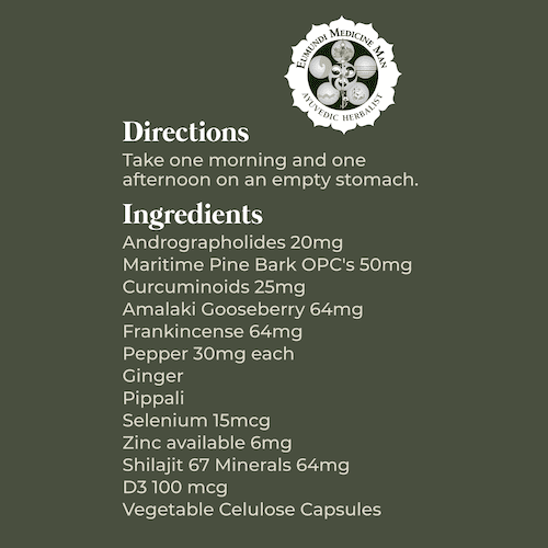 Eumundi Medicine Man Immunos Protectus back label showing dosage directions, full ingredient list including andrographis, amla, frankincense, vitamin D3, selenium and 67 trace minerals.