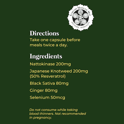 Eumundi Medicine Man Spike Detox back label showing directions for use, full ingredient list with nattokinase, Japanese knotweed, black seed, ginger, selenium, plus usage warnings and precautions.