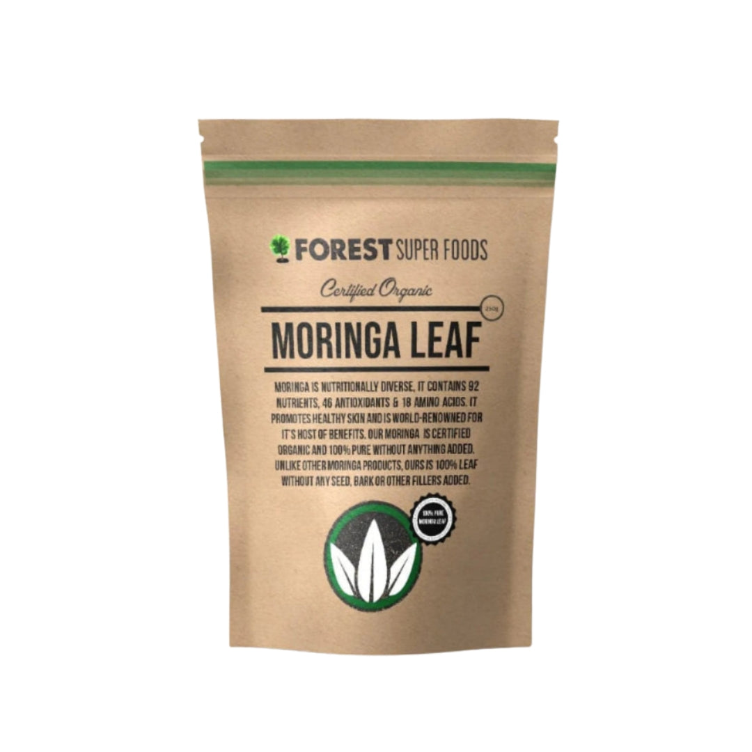 Forest Super Foods Organic Moringa Leaf Powder is 100% pure, certified organic Moringa oleifera leaf - freeze-dried to lock in its exceptional nutritional profile. Naturally rich in vitamins, minerals, antioxidants, and plant-based protein, moringa is your go-to daily boost for energy, resilience, and overall well-being. With no fillers, bark, or extracts, every spoonful delivers the cleanest possible nutrition.