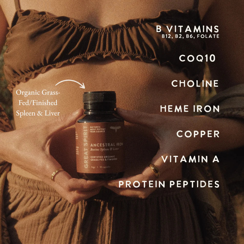 Great Spirit Ancestral Iron supplement highlighting key benefits – supports energy, iron levels, and immune function with organic beef spleen and liver.