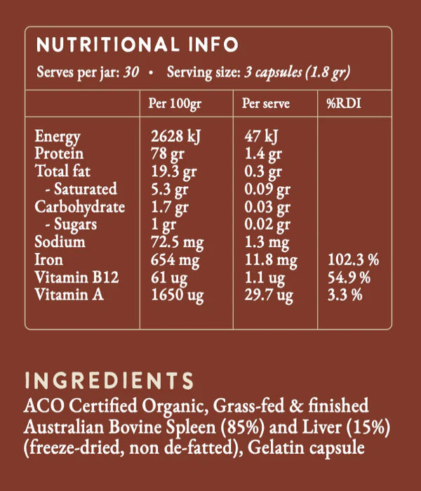 Back label of Great Spirit Ancestral Iron showing nutritional information and ingredients – organic beef spleen and liver iron capsules.