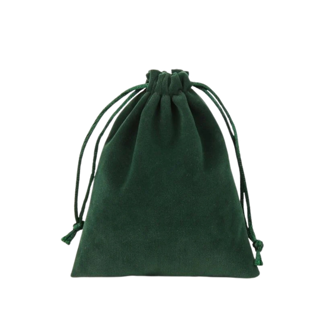 Dark green velour drawstring bag beautifully stores & protects your Gua Sha Medical-Grade Stainless Steel