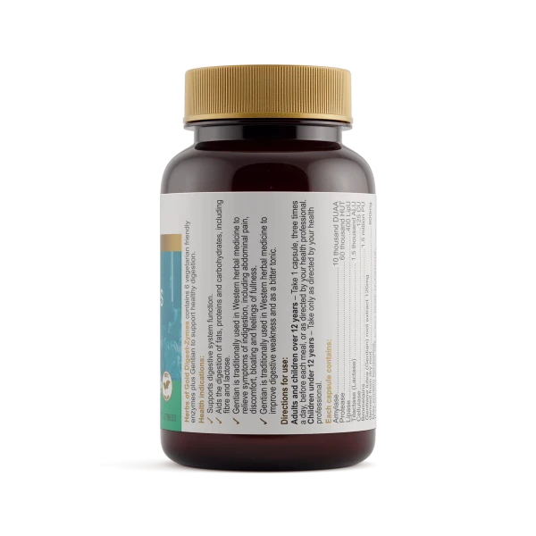 Herbs of Gold Digest‑Zymes harnesses the power of six vegetarian-friendly digestive enzymes, enhanced with Gentian root. Designed to support healthy digestion across a broad pH range, it aids the breakdown of fats, proteins, carbohydrates, fibre, and lactose - promoting digestive comfort, nutrient absorption, and overall wellbeing.