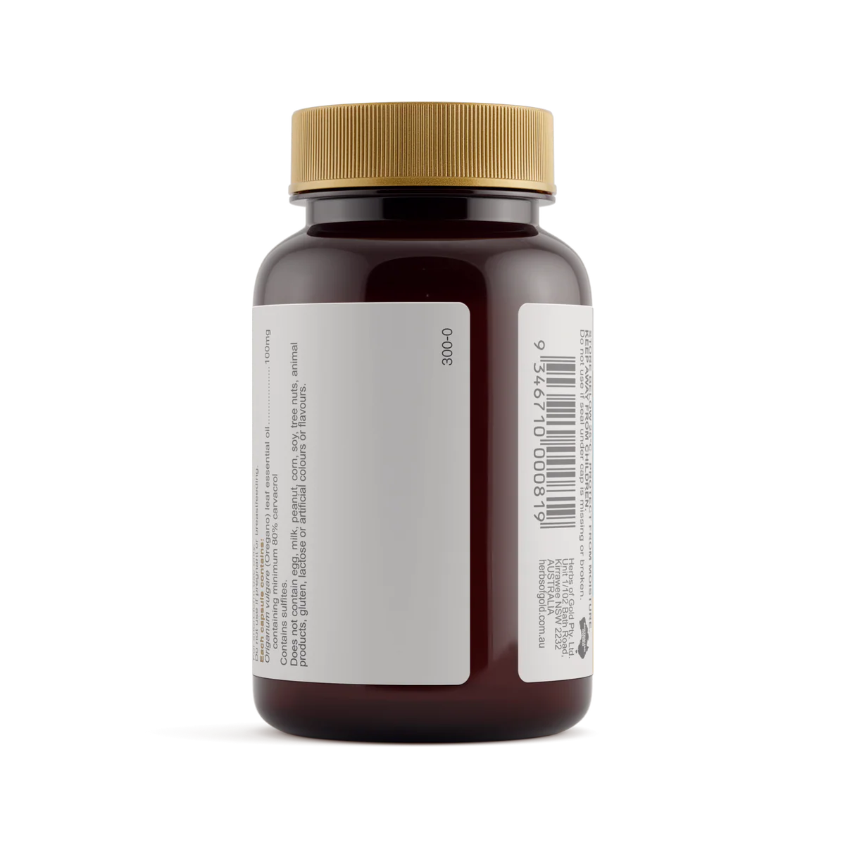 Back label of Herbs of Gold Organic Oregano Oil 60 capsules with barcode.