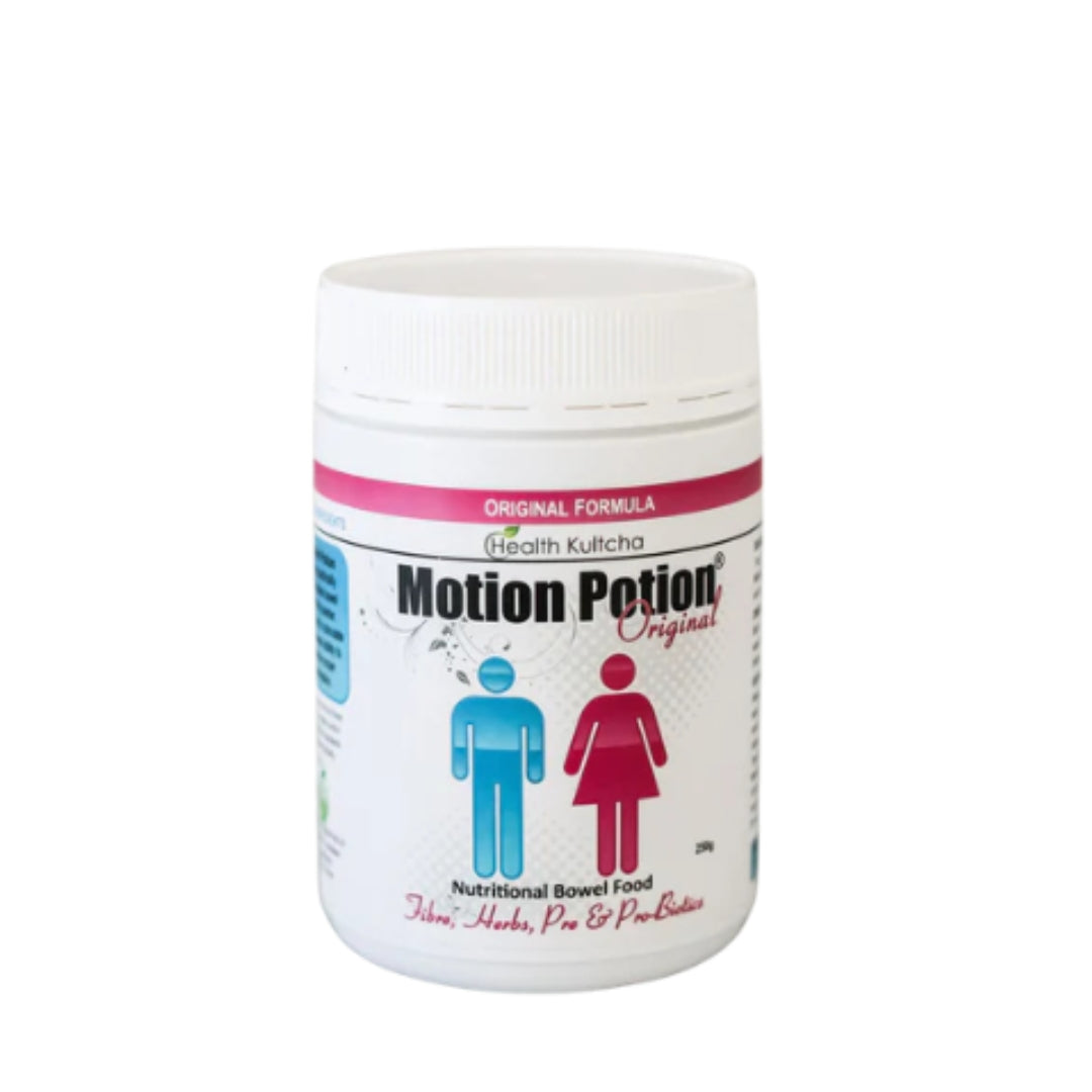 Health Kultcha Motion Potion Original is a Naturopathically formulated blend of: Fibre, Soothing Herbs, Alkalising Greens, Friendly Bacteria & Nourishing Prebiotics.
This winning combination forms a soft, slippery, pleasant tasting gel when mixed with water or juice. It is gentle on the sensitive walls of the digestive tract and is suitable for regular everyday use.