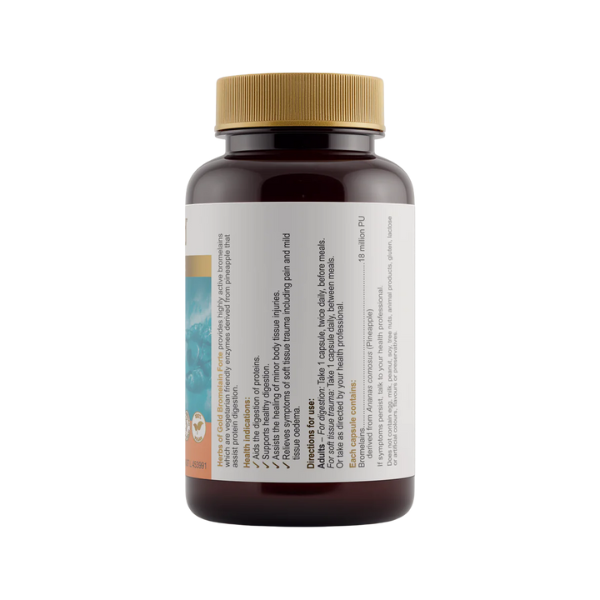 Support your body’s natural healing and digestion with Herbs of Gold Bromelain Forte – a high-strength, vegan-friendly formula delivering 500mg of bromelain (18 million PU) per capsule. Sourced from pineapple stem and fruit, Bromelain Forte helps break down protein, reduce inflammation, and relieve mild sinusitis and soft tissue injuries.