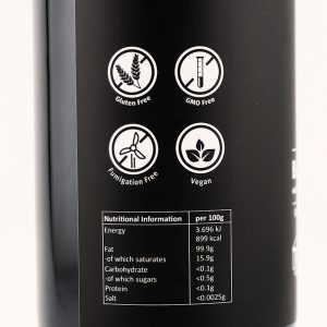 Side label of Immortal Health Pure Unfiltered Black Seed Oil with nutritional information and icons on a white background.