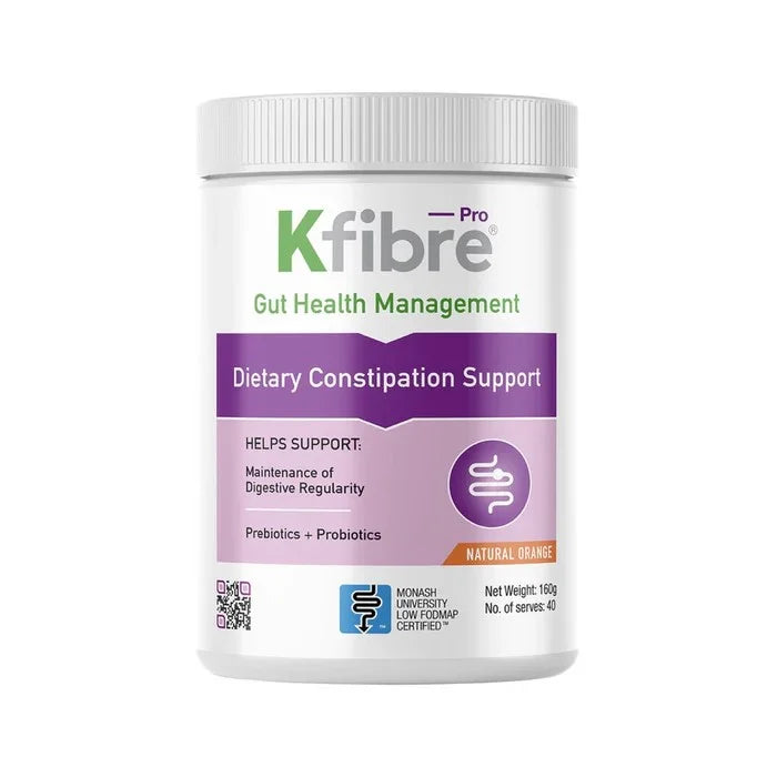 Kfibre-Pro Dietary Constipation Support is a scientifically and IBS dietician formulated prebiotic and probiotic blend to help assist bowel regularity and ease dietary cause constipation.