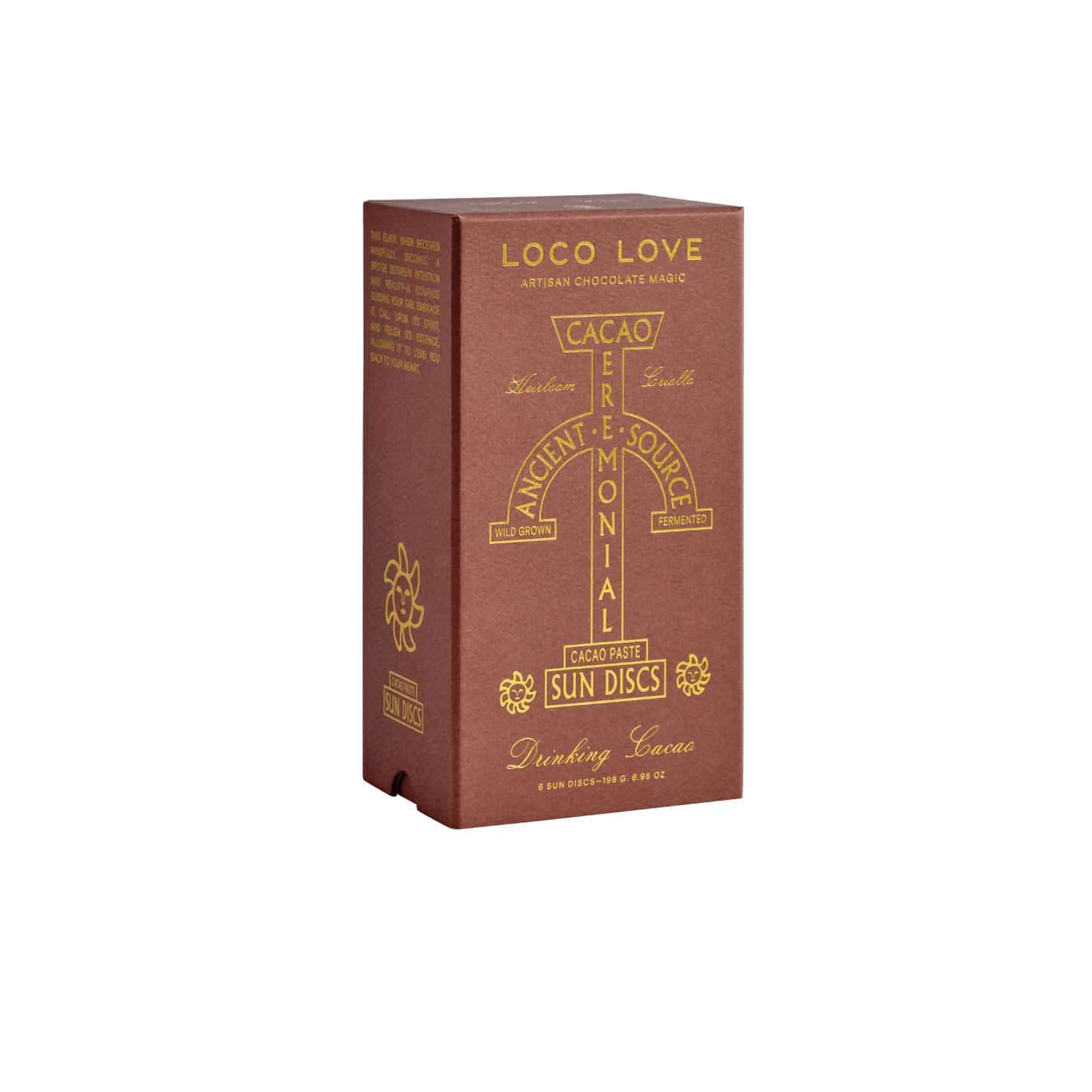 Loco Love Chuncho Drinking Cacao 6 Pack – premium box packaging of six Gold Sun Discs crafted from 100% wild Chuncho cacao for a heart-opening ceremonial experience.