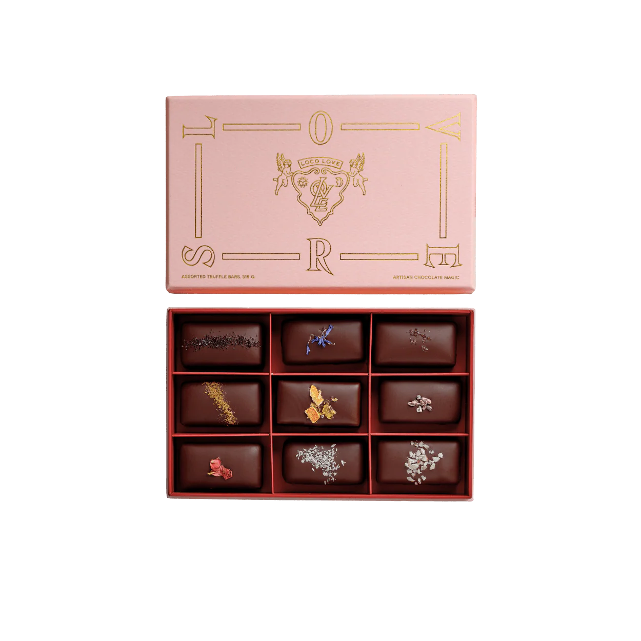 Loco Love Lovers Box – top view of opened vegan chocolate gift box showcasing assorted handcrafted organic cacao bars in elegant packaging.