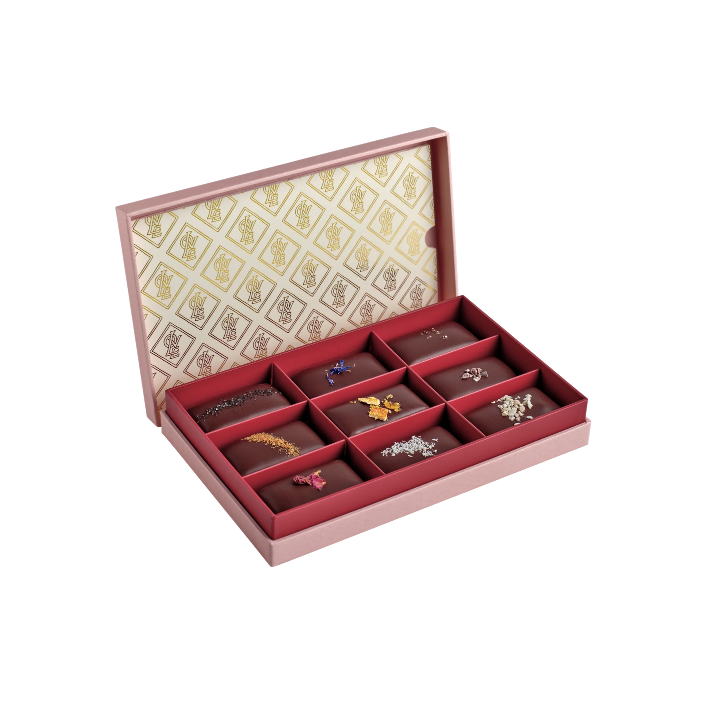 Loco Love Lovers Box – open gift box revealing assorted vegan chocolate bars and the beautifully designed inner lid, featuring Loco Love’s signature luxury branding.