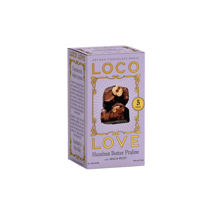 Loco Love Hazelnut Butter Praline 5 Pack – vegan dark chocolate bars filled with hazelnut butter and maca, handcrafted in Byron Bay.