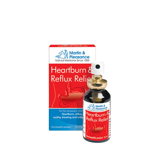 Martin & Pleasance Heartburn & Reflux Relief 25ml oral spray – natural Australian homeopathic formula for heartburn, acid reflux and indigestion relief, vegan-friendly and alcohol-free.