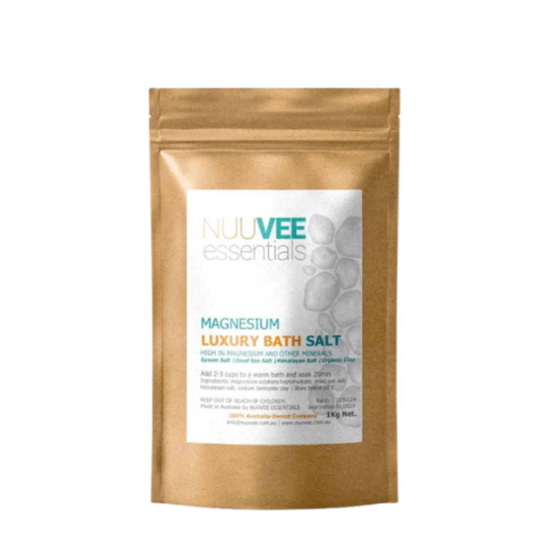 Nuuvee Essentials Luxury Bath Salt combines Epsom Salt (to relax tension and aching muscles), Himalayan Salt (to detoxify body and mind) and Natural Dead Sea Mineral Salt (to soothe your body while softening and repairing your skin). This luxurious blend will target all your needs in one bath!