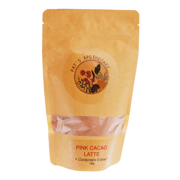 Pat’s Apothecary Pink Cacao Latte 150g pouch – cacao blend with cordyceps, maca & beetroot for energy, balance, antioxidants & vibrant pink drink.