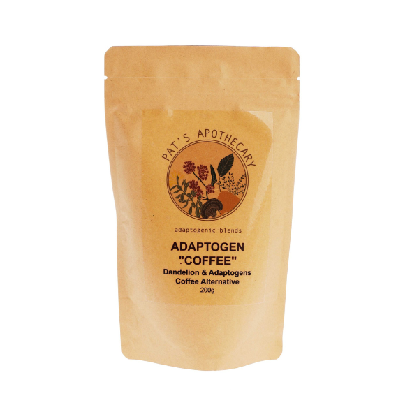 Pat’s Apothecary Adaptogen Coffee Alternative 200g pouch with roasted dandelion, chicory, cordyceps, maca, ashwagandha and adaptogenic mushroom blend.