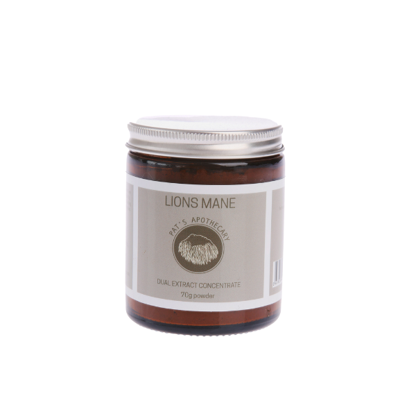 Pat’s Apothecary Lion’s Mane Dual Extract 70g organic mushroom powder pouch with 100% fruiting body, beta glucans, hericenones for cognitive support.