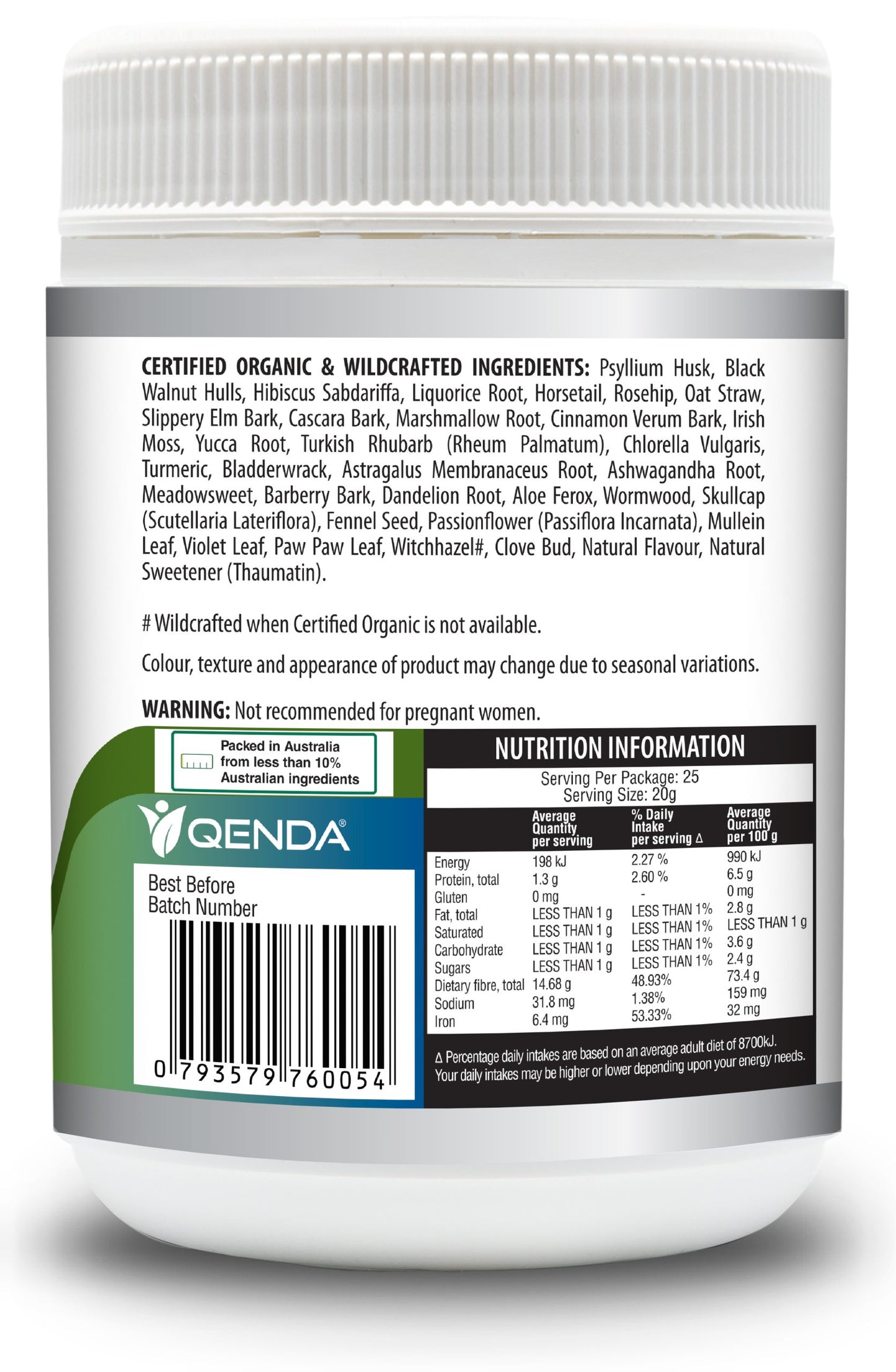 Qenda Ultimate Fibre is a food containing a powerful combination of premium herbs rich in fibre.
Qenda Ultimate Fibre is also a good source of iron.