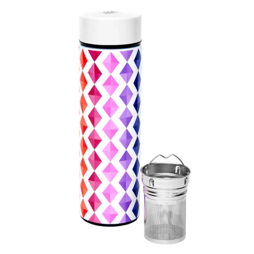 Tea Tonic Thermal Tea Bottle with lid on and infuser placed next to it – double-walled stainless-steel design for brewing loose-leaf tea on the go.