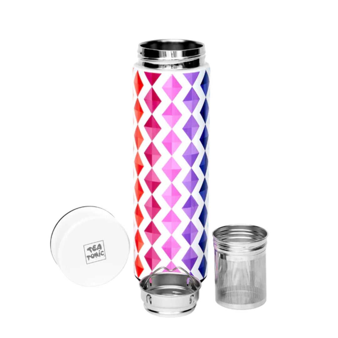 Disassembled Tea Tonic Thermal Tea Bottle 450ml showing stainless-steel components including infuser basket, lid and double-walled body for hot or cold tea.