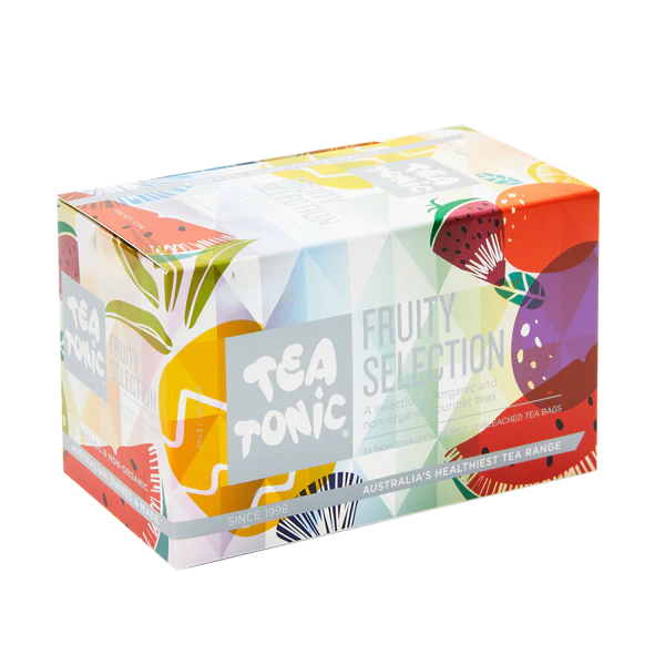 Discover a burst of flavours! The Tea Tonic Fruity Selection box full of 33 teabags combines our favourite fruity and fun flavours, from a sweet passionfruit True Calm Tea to the subtly sweet & palatable Berry Green Tea. Each sip transports you to a world of pure refreshment. Elevate your tea experience with Tea Tonic's Fruity Tea Selection today. Perfect for gifting or indulging in a well-deserved moment of bliss.