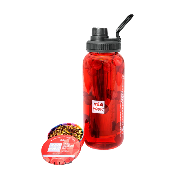 Tea Tonic's Glass Tea Bottle 1L comes with a high quality stainless steel infuser basket and neoprene thermal sleeve to keep your tea hot or cold, and for extra protection.
Includes a bonus Tea Tonic Thirst Quencher Tea Loose Leaf Travel Tin.