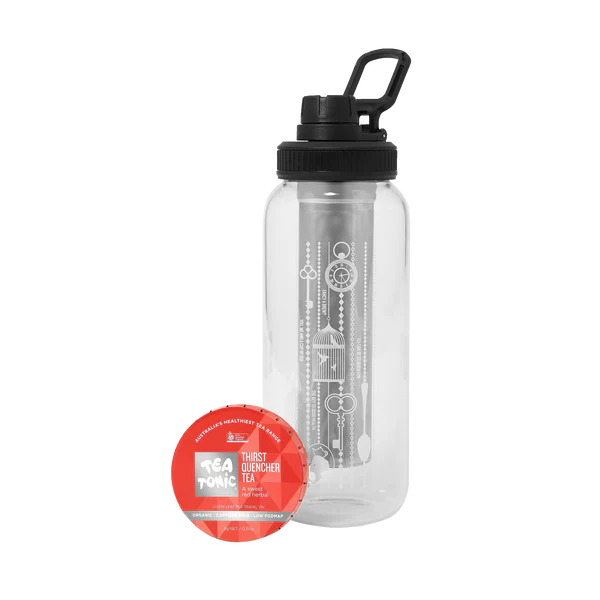 Tea Tonic's Glass Tea Bottle 1L comes with a high quality stainless steel infuser basket and neoprene thermal sleeve to keep your tea hot or cold, and for extra protection.
Includes a bonus Tea Tonic Thirst Quencher Tea Loose Leaf Travel Tin.