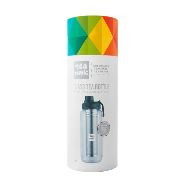Tea Tonic's Glass Tea Bottle 1L comes with a high quality stainless steel infuser basket and neoprene thermal sleeve to keep your tea hot or cold, and for extra protection.
Includes a bonus Tea Tonic Thirst Quencher Tea Loose Leaf Travel Tin.