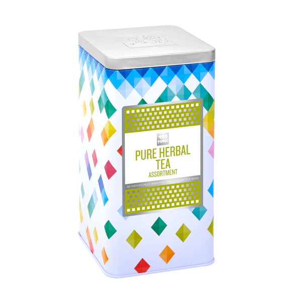 A colourful array of Tea Tonic's Pure Herbal Tea Assortment in a tall display tin.
The Pure Herbal Tea Assortment contains a mixture of 40 individually wrapped, unbleached, herbal teabags. Spoil someone special with a selection of herbal teas!