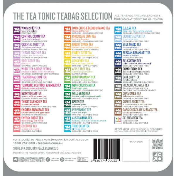 Tea Tonic Mini Gourmet Tea Chest underside with reference guide of 33 included tea blends, storage directions and barcode – tea gift sampler details.