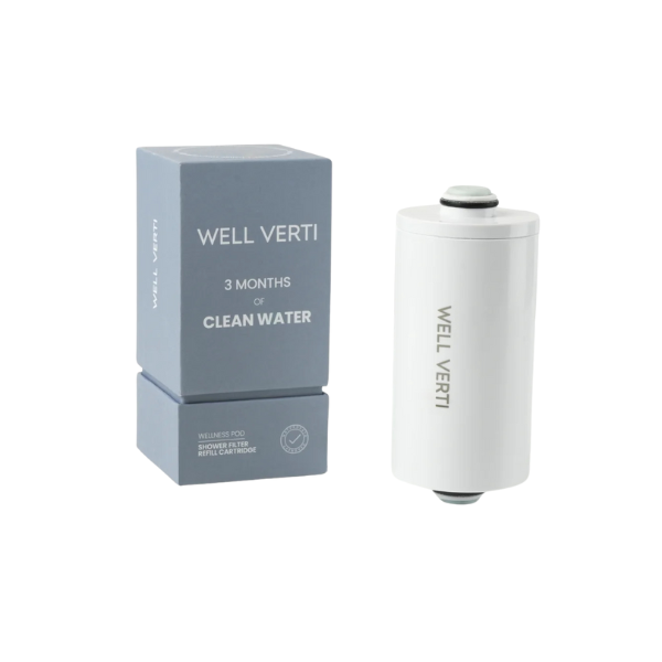 The Well Verti Wellness Pod Shower Filter Refill Cartridge removes chlorine, heavy metals, and other harmful chemicals from your water.