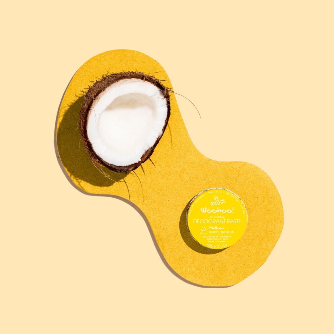 Woohoo Mellow bicarb-free deodorant paste – gentle unscented natural odour protection in eco-friendly recyclable packaging.
