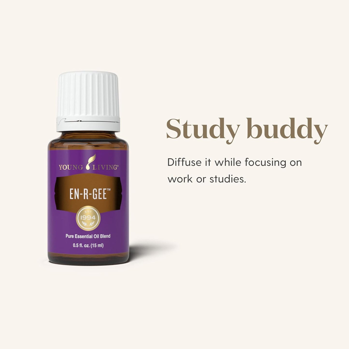 Young Living En-R-Gee Essential Oil 15ml shown as natural study aid for focus, concentration and clarity.