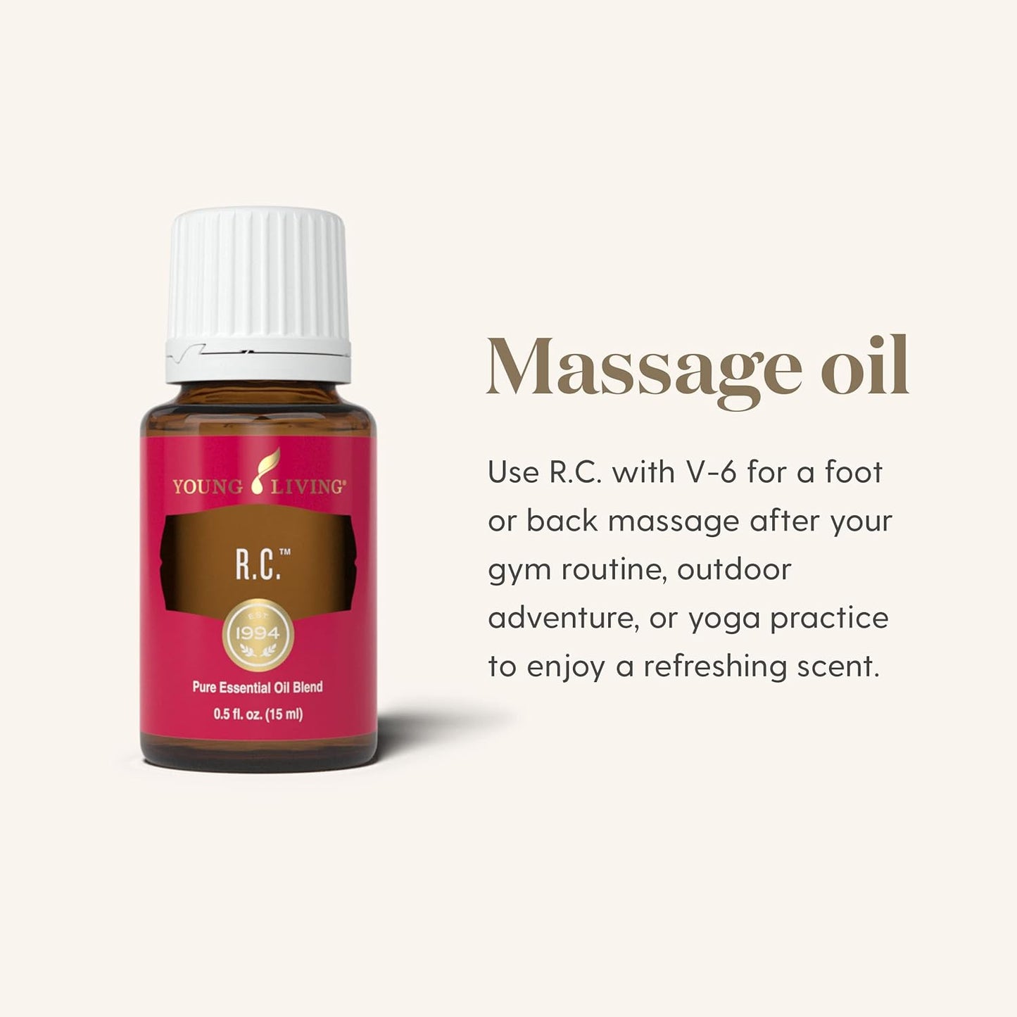 Young Living R.C. Essential Oil 15ml shown as massage oil blend diluted with carrier oil for chest, neck or back support.
