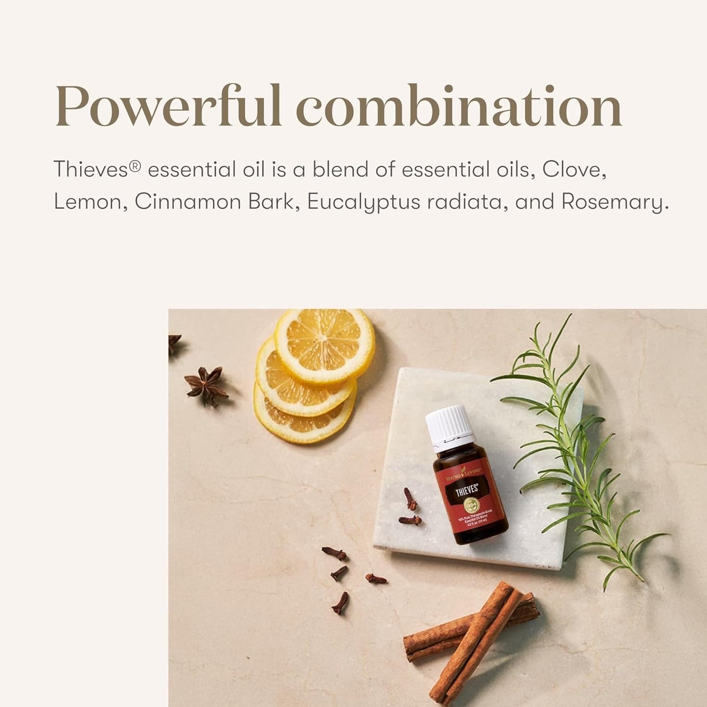 Young Living Thieves essential oil bottle with lemon slices, cinnamon sticks, and rosemary on a beige background.