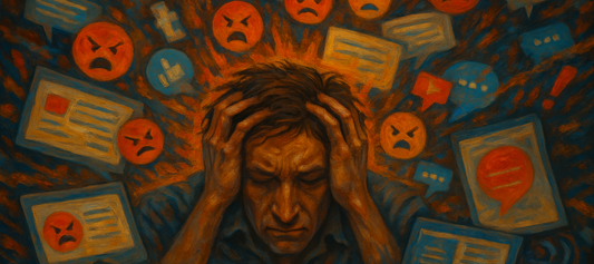 Man surrounded by emojis and comment bubbles illustrating social media stress and mental overwhelm.