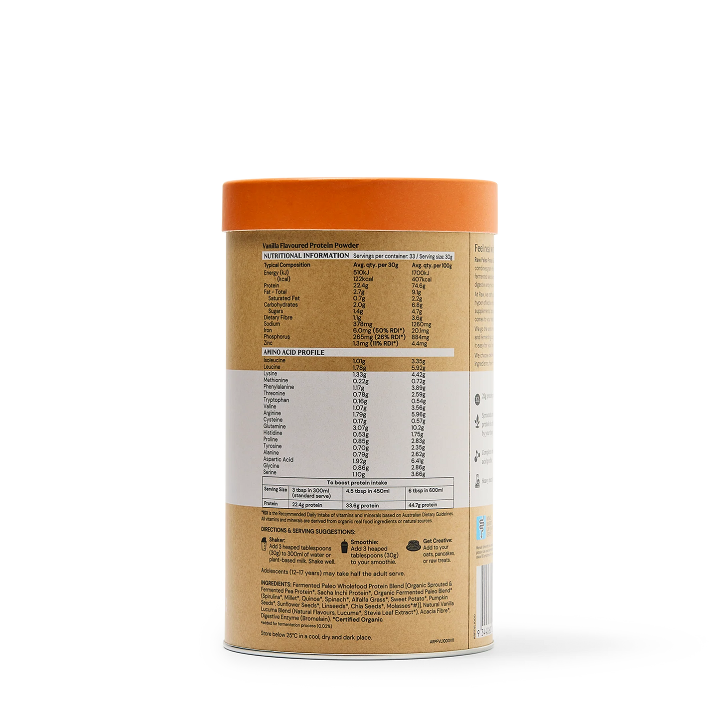 Amazonia Raw Gentle Digest Protein Vanilla side label listing certified organic ingredients including sprouted pea protein, sacha inchi and wholefood blend.