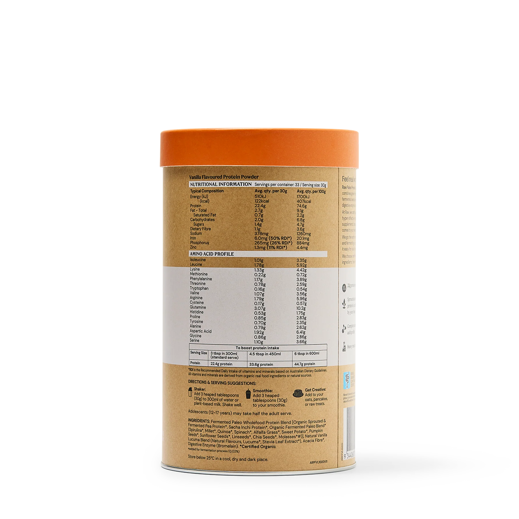 Amazonia Raw Gentle Digest Protein Vanilla side label listing certified organic ingredients including sprouted pea protein, sacha inchi and wholefood blend.